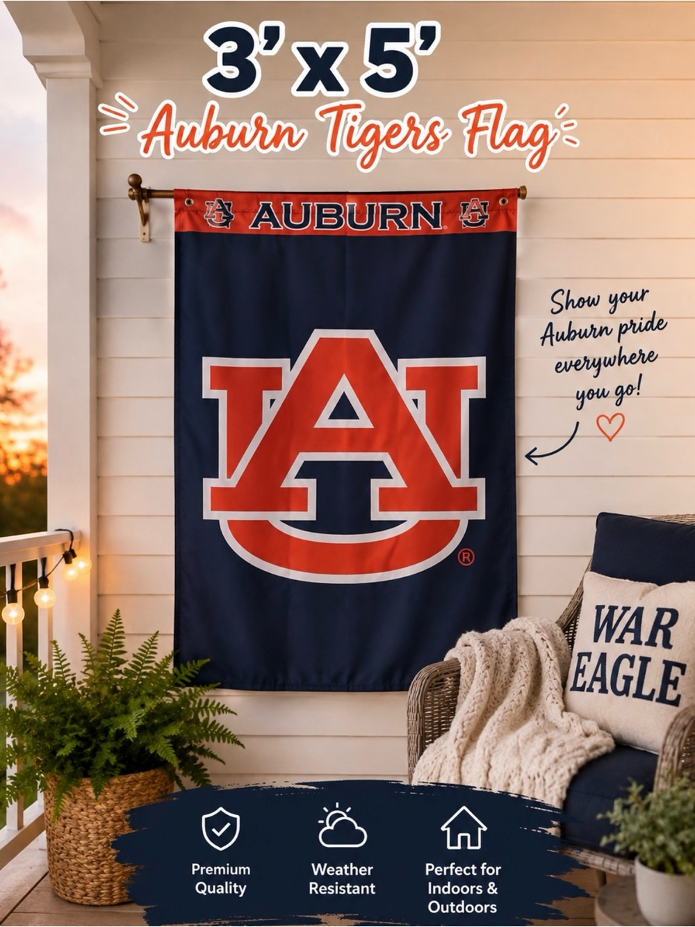 Tigers 3'x5' Outdoor/Indoor Wall Flag - Navy & Orange Auburn Printed Header 3x5